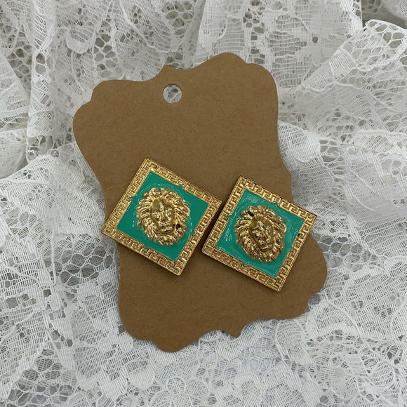 Vintage Teal & Gold Lion Head Square Earrings